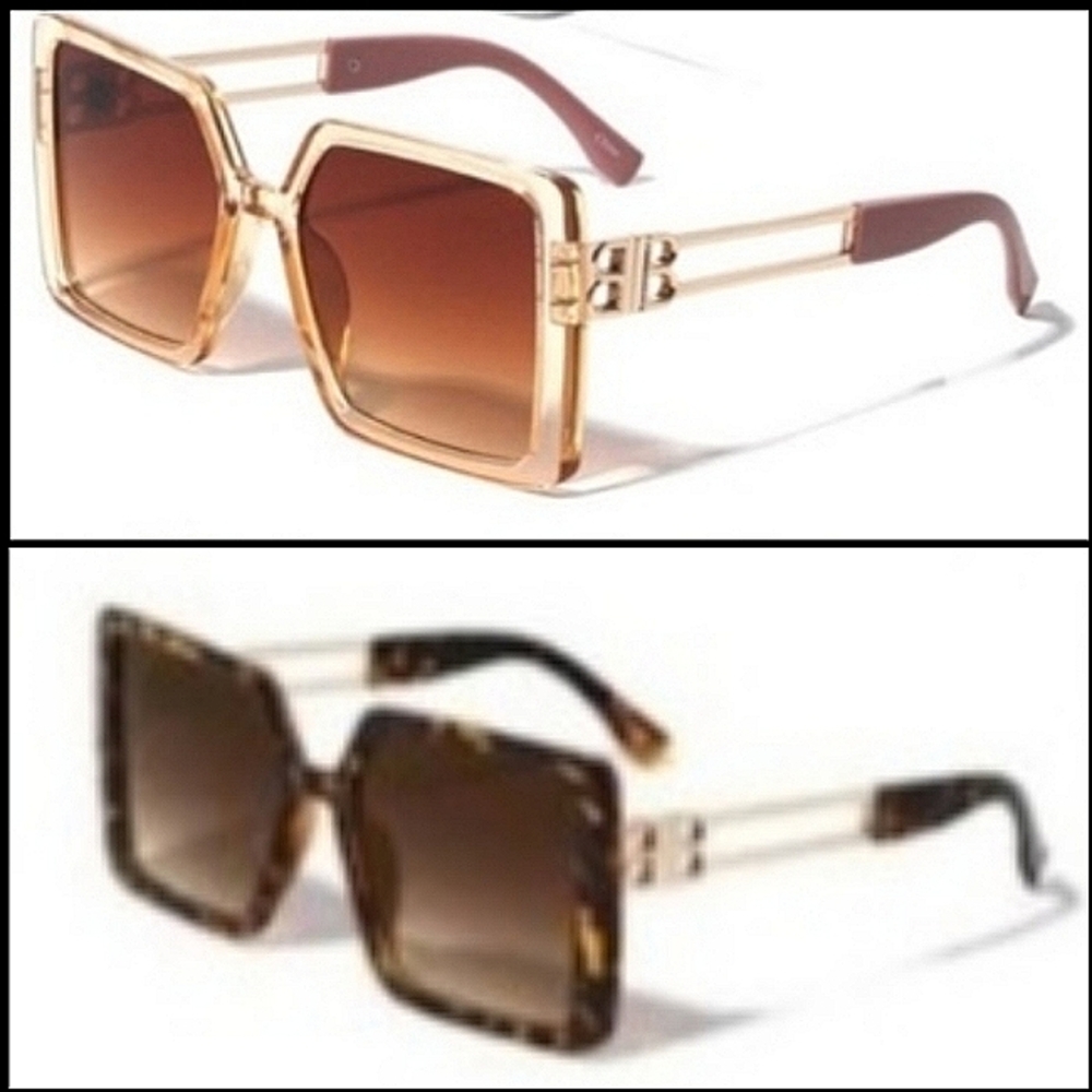 2 Pair! Oversized Square Sunglasses - Tortoise Fade & Transparent Champagne